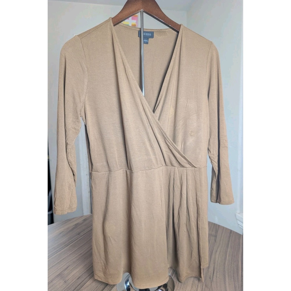 J.Jill Wearever Collection Taupe Faux Wrap Knit Blouse Small 3/4 Sleeve Stretch